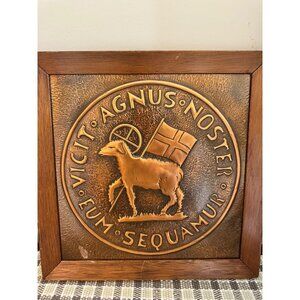 Vintage Moravian Church Copper Lamb "Vicit Agnus Noster Eum Sequamur" Plaque